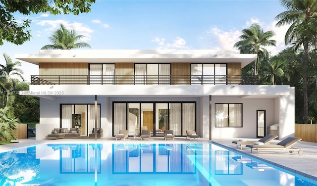 1661 Onaway Dr, Miami, FL 33133 - rear view of house featuring a balcony, a patio, and an outdoor pool