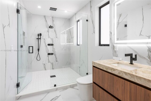 260 NW 47th St, Miami, FL 33127 - full bathroom featuring vanity, a marble finish shower, marble finish flooring, and recessed lighting