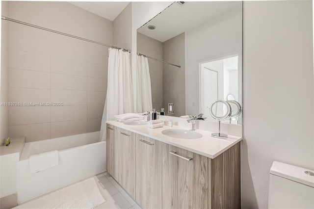 501 NE 31st St Unit 4007, Miami, FL 33137 - bathroom featuring shower / tub combo with curtain, double vanity, and tile patterned flooring