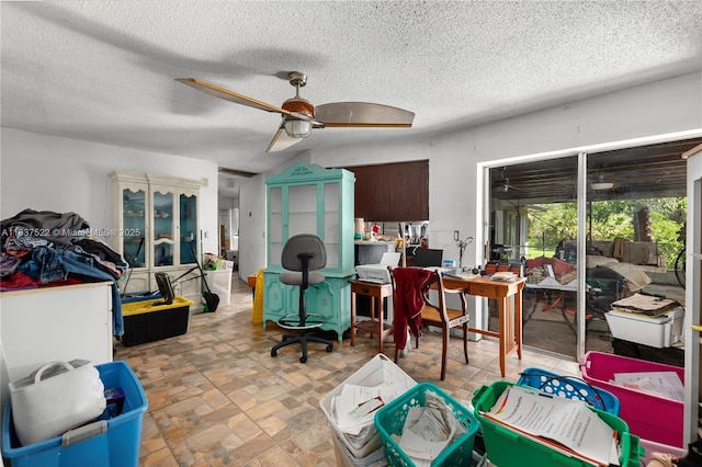 17041 Tarpon Way, Fort Myers, FL 33917 - living area featuring a ceiling fan, a textured ceiling, and a desk