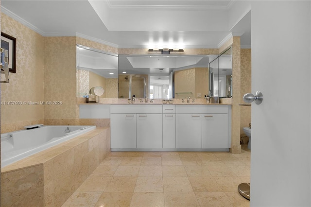 21055 Yacht Club Dr Unit 1504, Aventura, FL 33180 - bathroom with double vanity, a garden tub, a stall shower, and crown molding