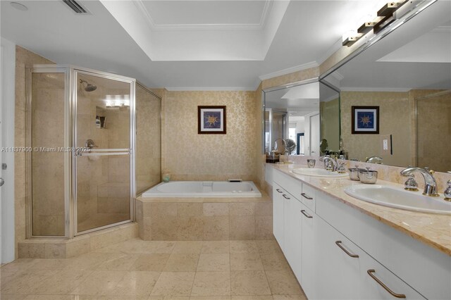 21055 Yacht Club Dr Unit 1504, Aventura, FL 33180 - full bath featuring double vanity, a stall shower, a garden tub, wallpapered walls, and a tray ceiling
