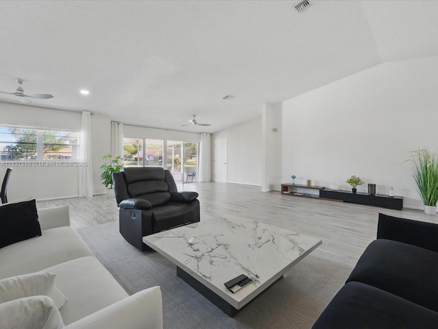 4024 Summer Chase Ct, Lake Worth, FL 33467 - living area with a ceiling fan, vaulted ceiling, light wood finished floors, and recessed lighting