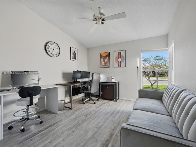 4024 Summer Chase Ct, Lake Worth, FL 33467 - office area with ceiling fan, wood finished floors, vaulted ceiling, and a textured ceiling