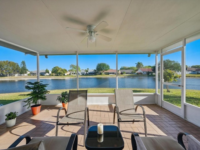 4024 Summer Chase Ct, Lake Worth, FL 33467 - sunroom with a ceiling fan, a water view, and plenty of natural light