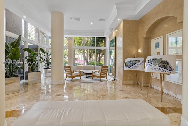 770 Claughton Island Dr Unit Ph21, Miami, FL 33131 - building lobby featuring ornamental molding, a high ceiling, and recessed lighting