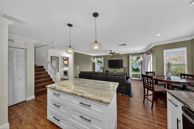 18205 NW 21st St, Pembroke Pines, FL 33029 - kitchen with ceiling fan, dark wood-style floors, ornamental molding, decorative light fixtures, and a textured ceiling