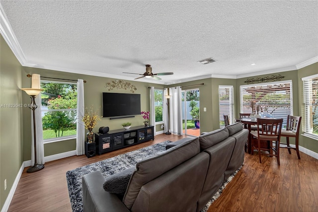 18205 NW 21st St, Pembroke Pines, FL 33029 - living area featuring wood finished floors, a textured ceiling, ornamental molding, and a ceiling fan