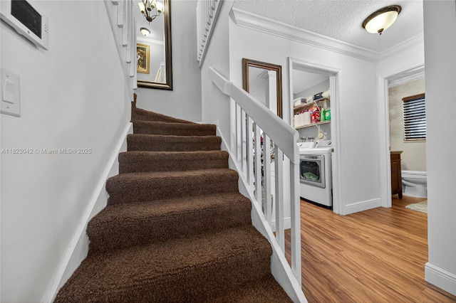 18205 NW 21st St, Pembroke Pines, FL 33029 - stairs with washing machine and clothes dryer, crown molding, wood finished floors, and a textured ceiling