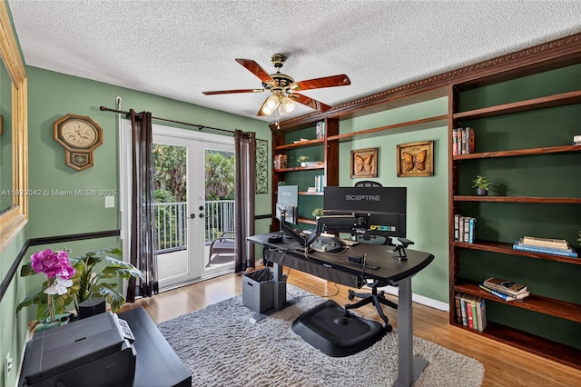 18205 NW 21st St, Pembroke Pines, FL 33029 - office with french doors, ceiling fan, a textured ceiling, and wood finished floors