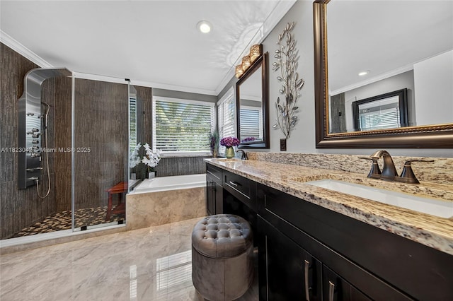 18205 NW 21st St, Pembroke Pines, FL 33029 - bathroom with ornamental molding, double vanity, a bath, a stall shower, and recessed lighting