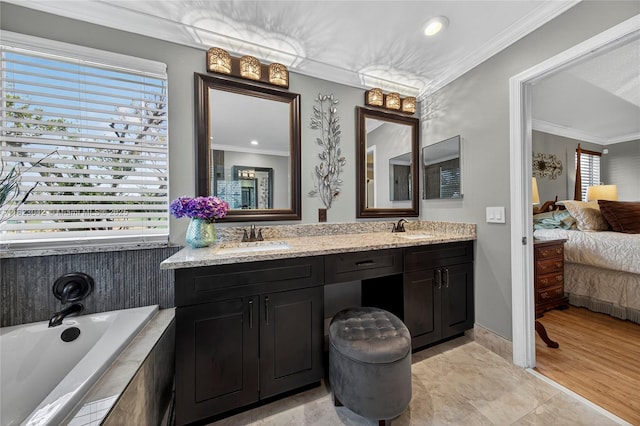18205 NW 21st St, Pembroke Pines, FL 33029 - full bathroom with connected bathroom, double vanity, crown molding, a bath, and recessed lighting