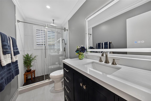 18205 NW 21st St, Pembroke Pines, FL 33029 - bathroom with vanity, ornamental molding, a stall shower, tile patterned flooring, and recessed lighting