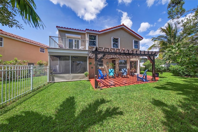 18205 NW 21st St, Pembroke Pines, FL 33029 - back of house featuring a pergola, stucco siding, a sunroom, a patio, and a tiled roof