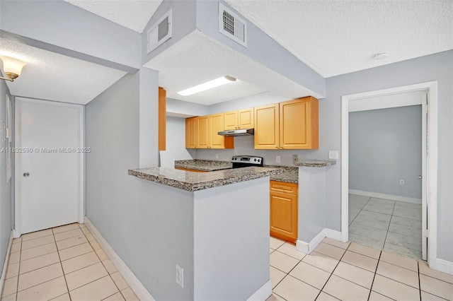 15560 SW 104th Ter Unit 611, Miami, FL 33196 - kitchen with a textured ceiling, under cabinet range hood, light brown cabinetry, range with electric stovetop, and light tile patterned floors
