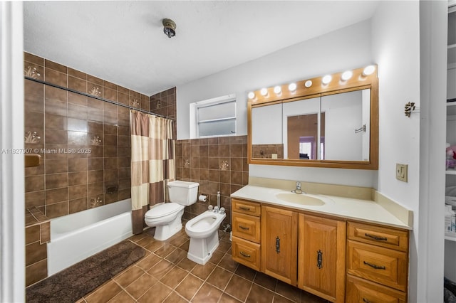 3631 SW 127th Ave, Miami, FL 33175 - full bathroom with tile patterned flooring, tile walls, a bidet, shower / bath combo with shower curtain, and vanity
