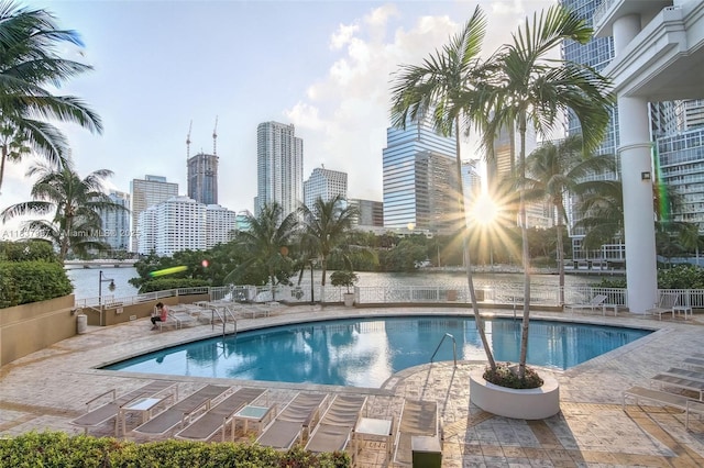 801 Brickell Key Blvd Unit 2006, Miami, FL 33131 - community pool featuring a patio area and a view of skyline