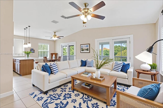 547 Heck, Little Torch Key, FL 33042 - living area featuring a ceiling fan, vaulted ceiling, and light tile patterned flooring