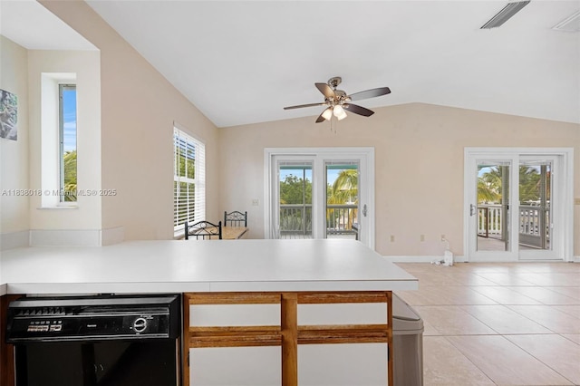 547 Heck, Little Torch Key, FL 33042 - kitchen featuring black dishwasher, a peninsula, lofted ceiling, ceiling fan, and light countertops