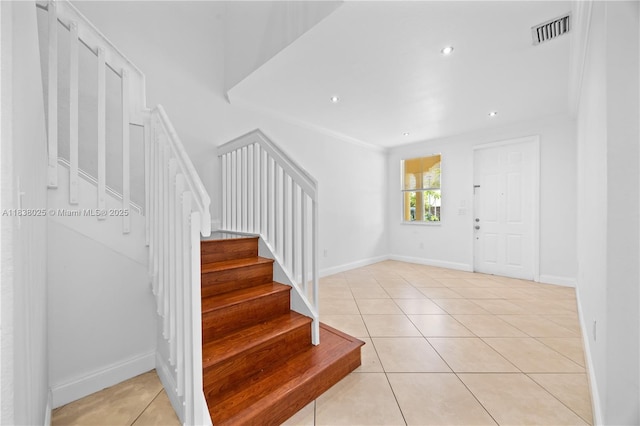 15057 SW 9th Ter, Miami, FL 33194 - foyer entrance featuring stairway, light tile patterned floors, recessed lighting, and ornamental molding