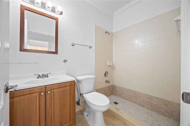 15057 SW 9th Ter, Miami, FL 33194 - bathroom with a tile shower, vanity, crown molding, and tile patterned flooring
