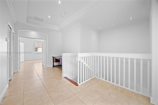 15057 SW 9th Ter, Miami, FL 33194 - hall with arched walkways, an upstairs landing, ornamental molding, light tile patterned floors, and recessed lighting