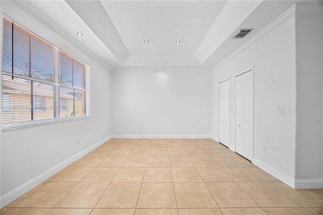 15057 SW 9th Ter, Miami, FL 33194 - spare room featuring light tile patterned floors, a tray ceiling, recessed lighting, and crown molding