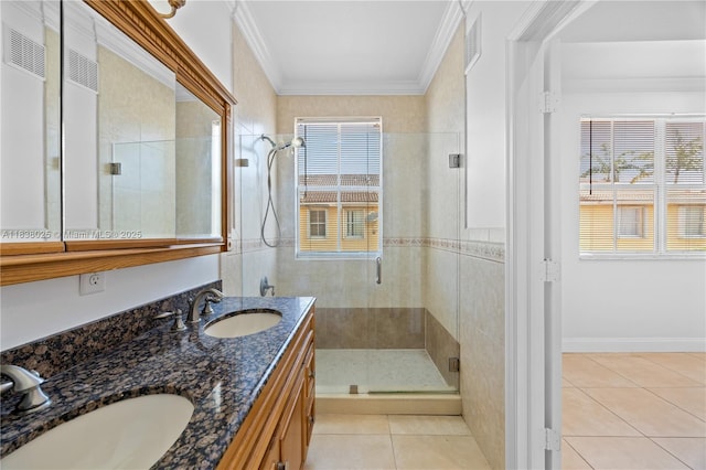 15057 SW 9th Ter, Miami, FL 33194 - full bath featuring a shower stall, tile patterned floors, ornamental molding, healthy amount of natural light, and double vanity