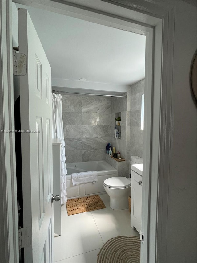 291 NW 95th St, Miami, FL 33150 - full bathroom with vanity, shower / bathtub combination with curtain, tile patterned flooring, and tile walls