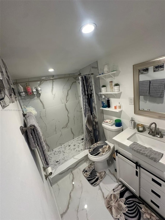 full bathroom featuring marble finish flooring, vanity, recessed lighting, and a stall shower