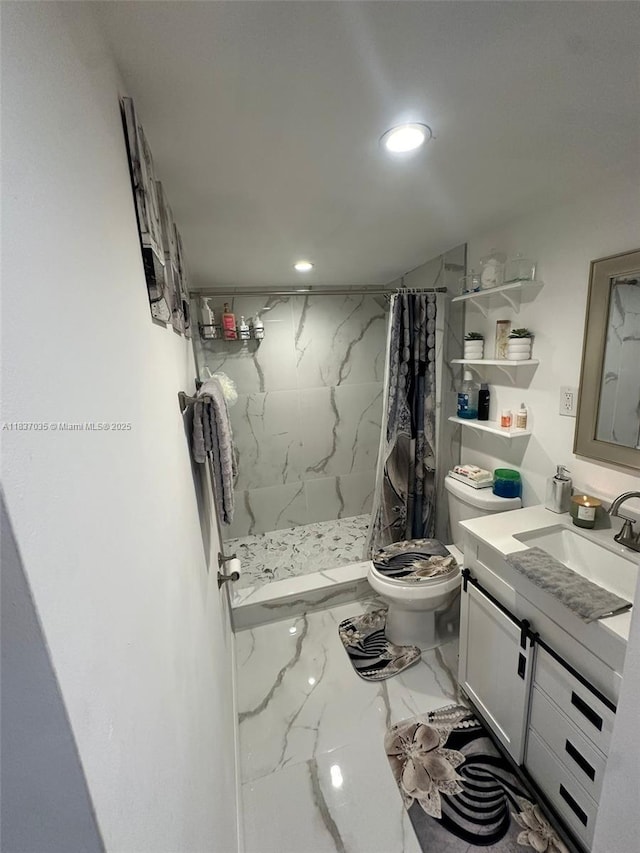 full bathroom with marble look tiles, vanity, recessed lighting, and a stall shower