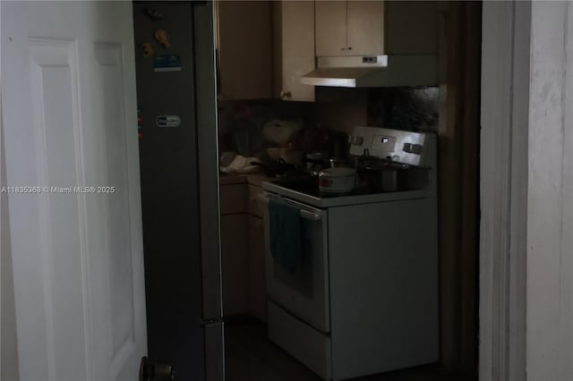 256 Broward Ave, Green Acres, FL 33463 - kitchen with white range with electric stovetop, under cabinet range hood, and freestanding refrigerator