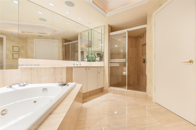 7000 Island Blvd Unit 2504, Aventura, FL 33160 - full bathroom with a stall shower, a tub with jets, vanity, and ornamental molding