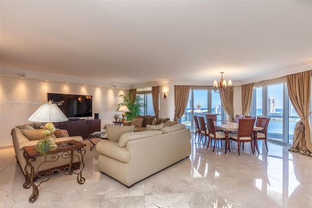 7000 Island Blvd Unit 2504, Aventura, FL 33160 - living area with crown molding, a chandelier, healthy amount of natural light, and light marble finish floors