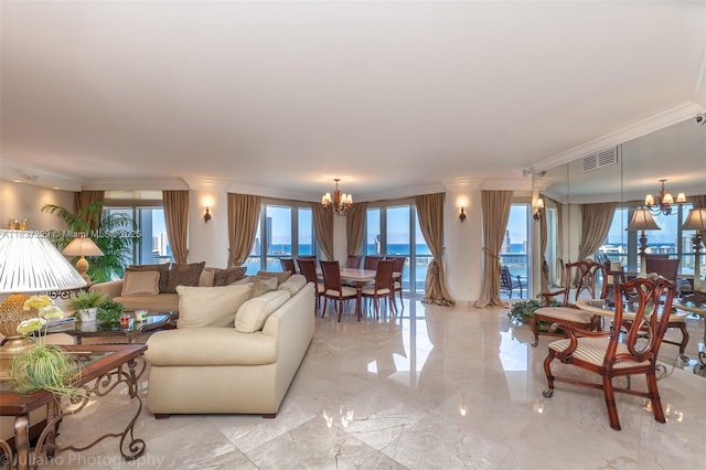 7000 Island Blvd Unit 2504, Aventura, FL 33160 - living area featuring a chandelier, ornamental molding, light marble finish flooring, and healthy amount of natural light