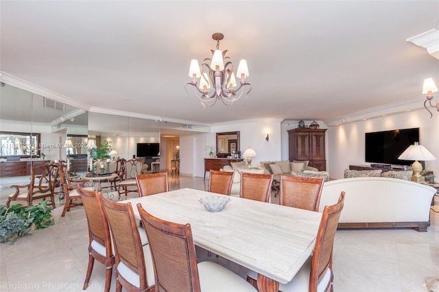 7000 Island Blvd Unit 2504, Aventura, FL 33160 - dining room featuring crown molding, a chandelier, and light marble finish flooring