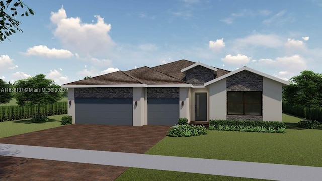 30641 SW 192nd Ct, Homestead, FL 33033 - view of front of house with stone siding, stucco siding, a garage, decorative driveway, and a front lawn