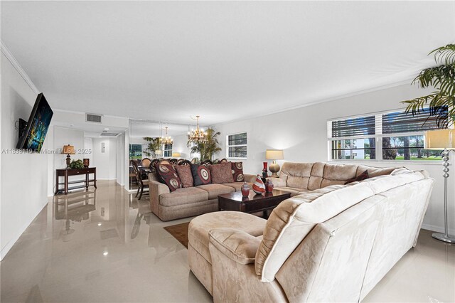 12650 SW 6th St Unit 101K, Pembroke Pines, FL 33027 - living room with a chandelier, crown molding, and light marble finish floors