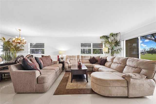 12650 SW 6th St Unit 101K, Pembroke Pines, FL 33027 - living area featuring ornamental molding, a chandelier, and light tile patterned floors