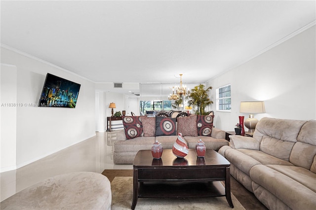 12650 SW 6th St Unit 101K, Pembroke Pines, FL 33027 - living room featuring a chandelier and ornamental molding