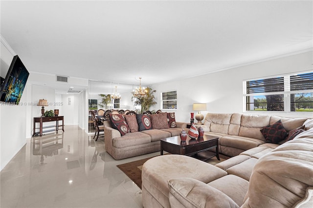 12650 SW 6th St Unit 101K, Pembroke Pines, FL 33027 - living area with a chandelier, ornamental molding, and plenty of natural light