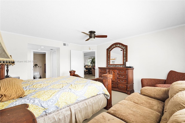 12650 SW 6th St Unit 101K, Pembroke Pines, FL 33027 - bedroom featuring crown molding, ceiling fan, and ensuite bath