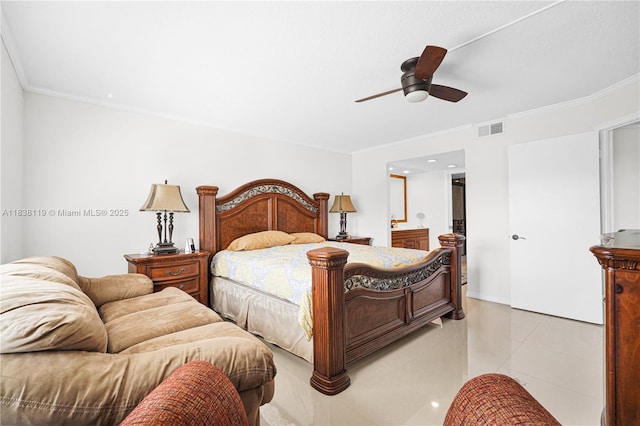 12650 SW 6th St Unit 101K, Pembroke Pines, FL 33027 - bedroom featuring ornamental molding, light tile patterned floors, a ceiling fan, and ensuite bathroom