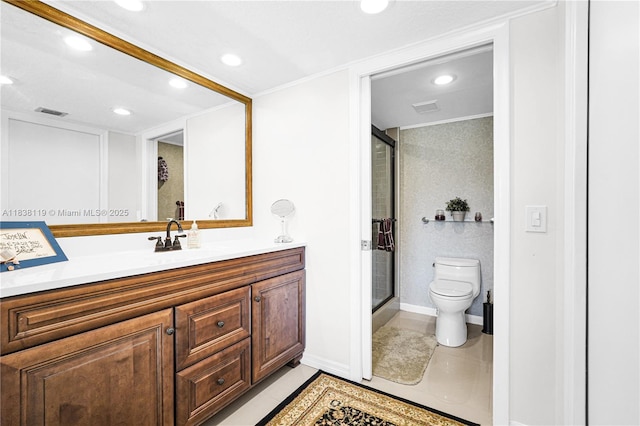 12650 SW 6th St Unit 101K, Pembroke Pines, FL 33027 - bathroom with recessed lighting, vanity, a shower stall, and tile patterned floors