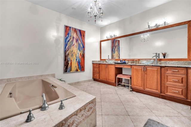 911 Mockingbird Ln, Plantation, FL 33324 - bathroom featuring a chandelier, double vanity, a garden tub, and tile patterned floors