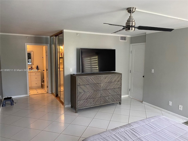2205 S Cypress Bend Dr Unit 302, Pompano Beach, FL 33069 - unfurnished bedroom with crown molding, light tile patterned flooring, and ceiling fan