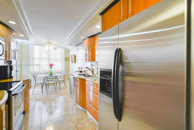 2751 S Ocean Dr Unit 1707S, Hollywood, FL 33019 - kitchen featuring stainless steel refrigerator with ice dispenser, electric range oven, a ceiling fan, light countertops, and recessed lighting