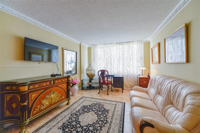 2751 S Ocean Dr Unit 1707S, Hollywood, FL 33019 - living room featuring a textured ceiling and ornamental molding