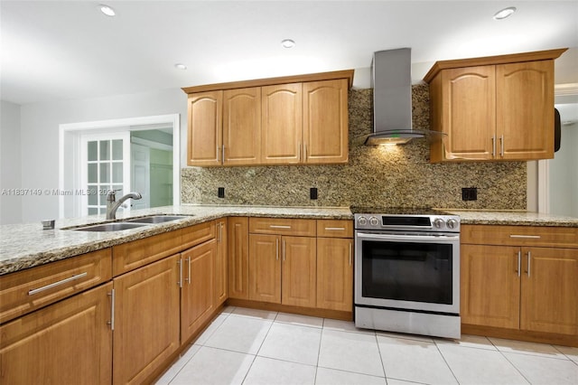 9540 NW 25th St, Sunrise, FL 33322 - kitchen featuring electric stove, light stone countertops, wall chimney exhaust hood, decorative backsplash, and light tile patterned floors