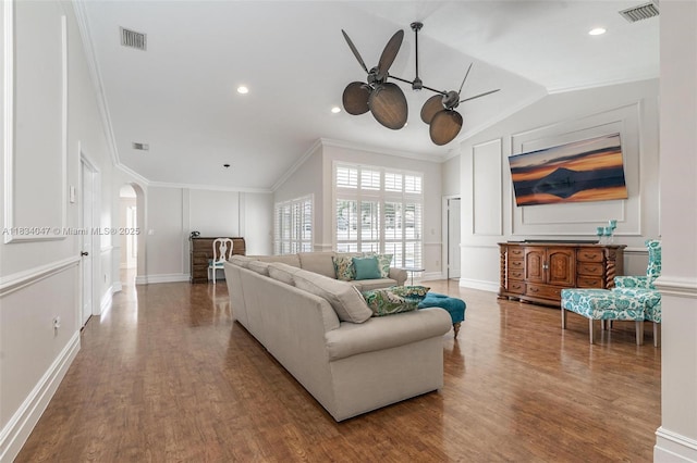 4125 SW 152nd Ave, Miramar, FL 33027 - living room featuring ornamental molding, lofted ceiling, wood finished floors, a ceiling fan, and arched walkways